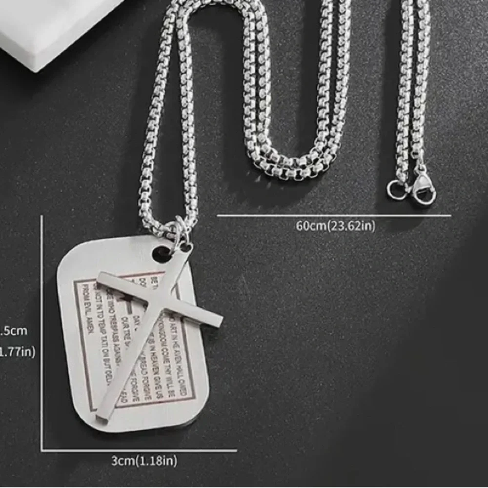 Dog Tags Style Stainless Steel Engraved Scripture Cross Pendant Necklace NWT